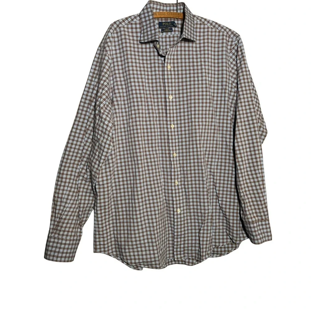 Polo Ralph Lauren Mens XL Classic Fit Plaid Button Down Shirt Brown Blue Cotton